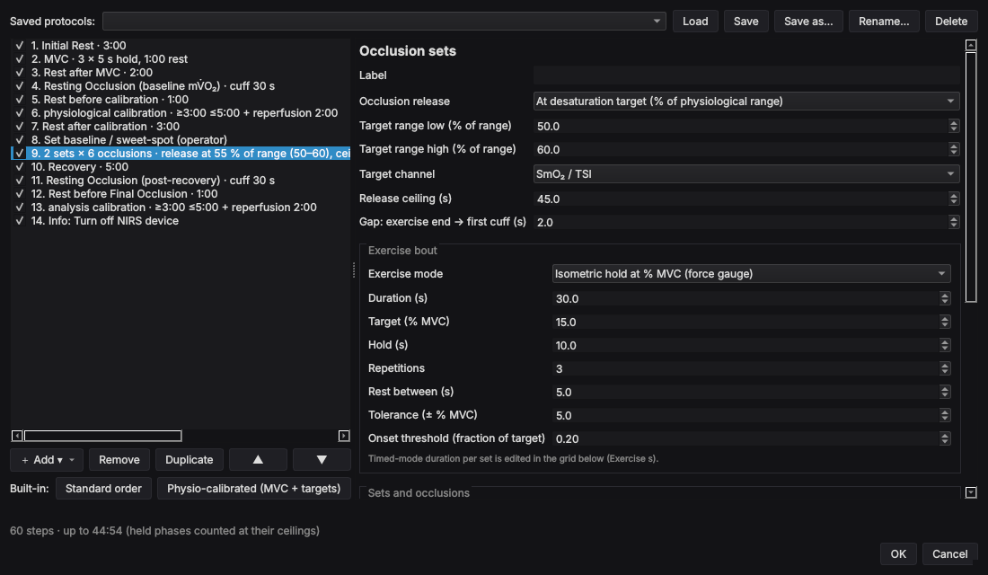 MCMITO Live protocol builder: a list of protocol blocks (rest, MVC, resting occlusion, physiological calibration, two sets of six occlusions released at 55 % of the physiological range) with the settings of the selected occlusion block